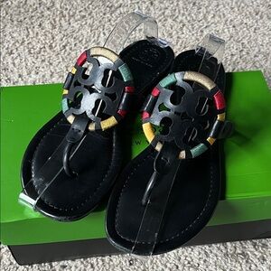 Tory Burch Black Sandals with Green, Yellow & Red logo